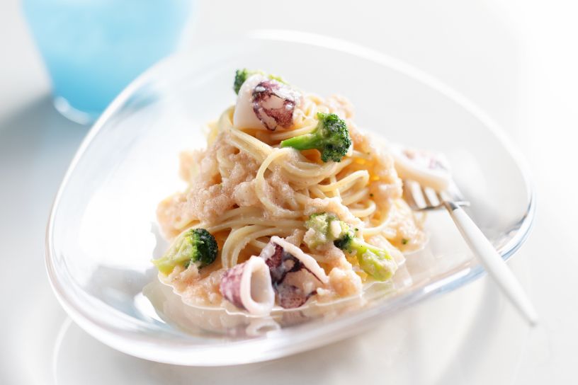 冷製スパゲティーニたらことイカのクリームソース